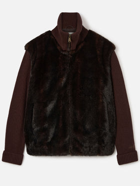 Veste en fausse fourrure brun-gris avec manches en maille côtelée 