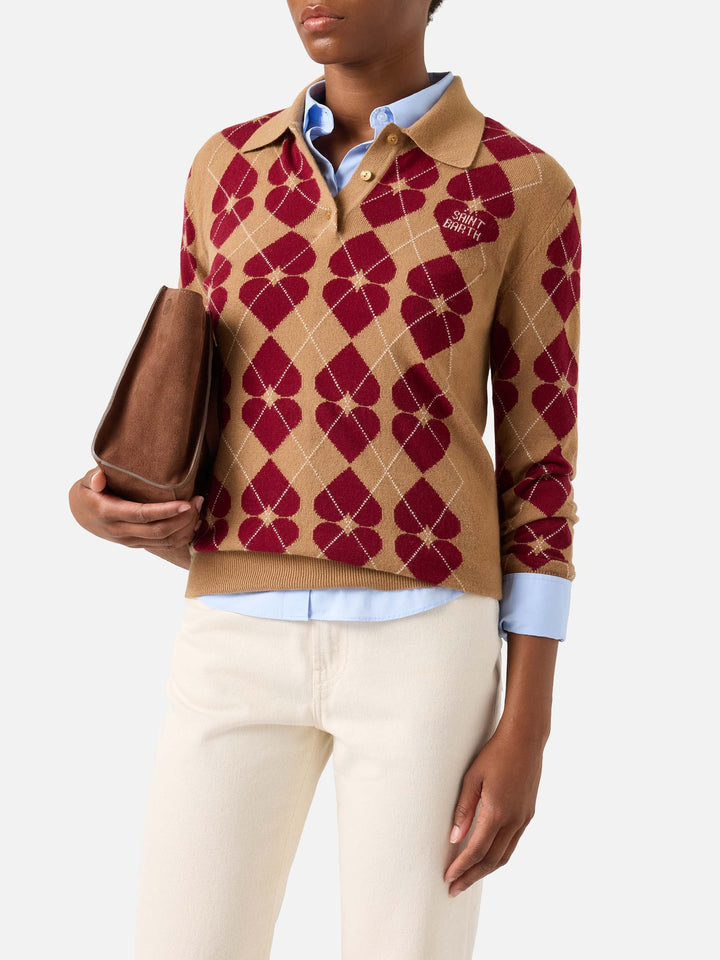 Pull Hadidy à col polo en mélange de laine et cachemire avec motif argyle et cœurs 