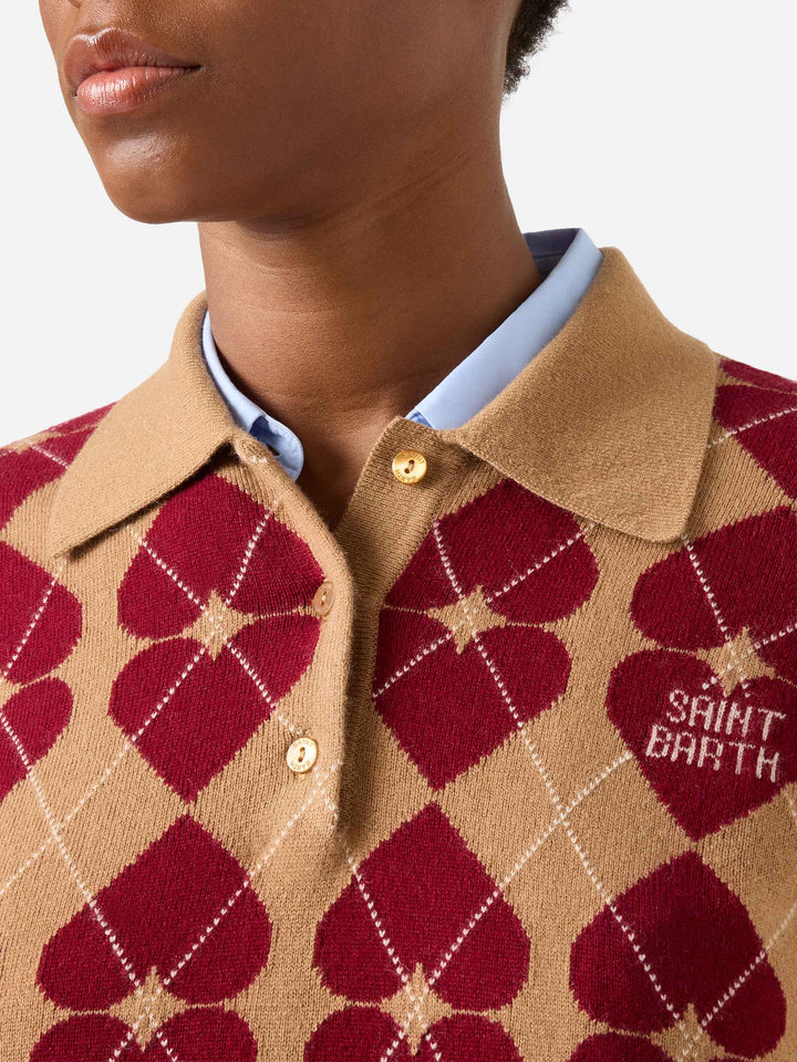 Pull Hadidy à col polo en mélange de laine et cachemire avec motif argyle et cœurs 