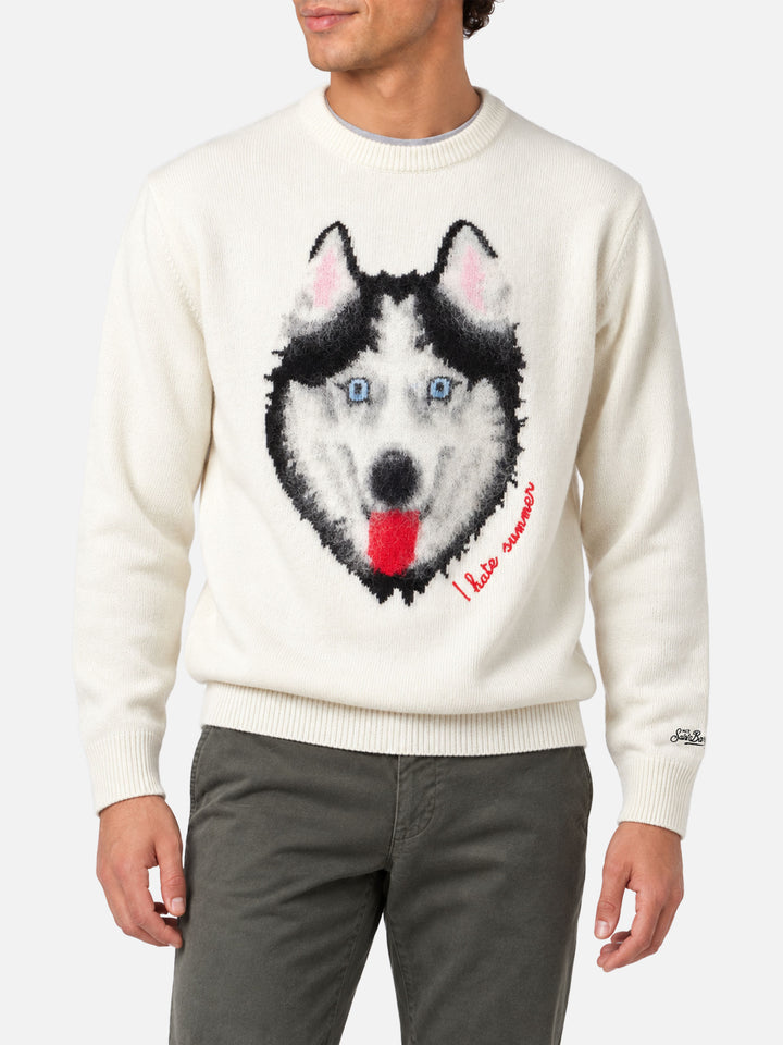 Grey Heron sweater with wolf jacquard and I hate summer embroidery