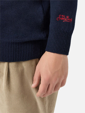 Blauer Pullover mit Reihermotiv und Sbagliato-Stickerei