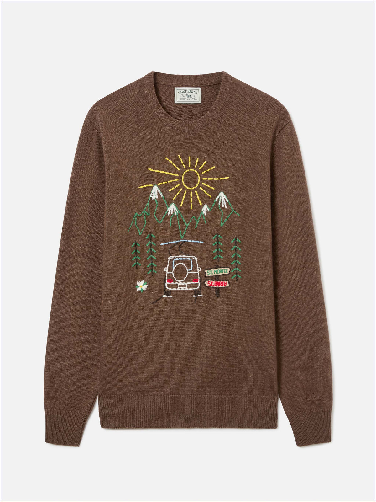 Maglia girocollo Heron marrone con ricamo St. Moritz