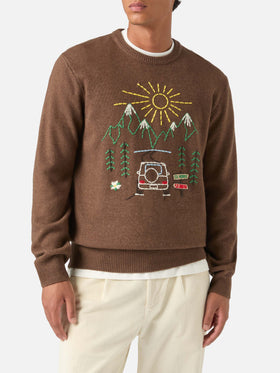 Crewneck-Strickpullover Brown Heron mit St. Moritz-Stickerei 