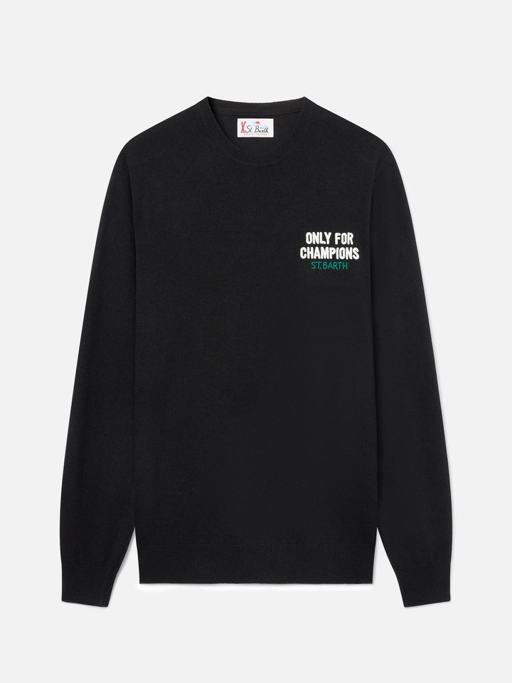 Black Heron crewneck knit with back Only For Champions intarsia and embroidery