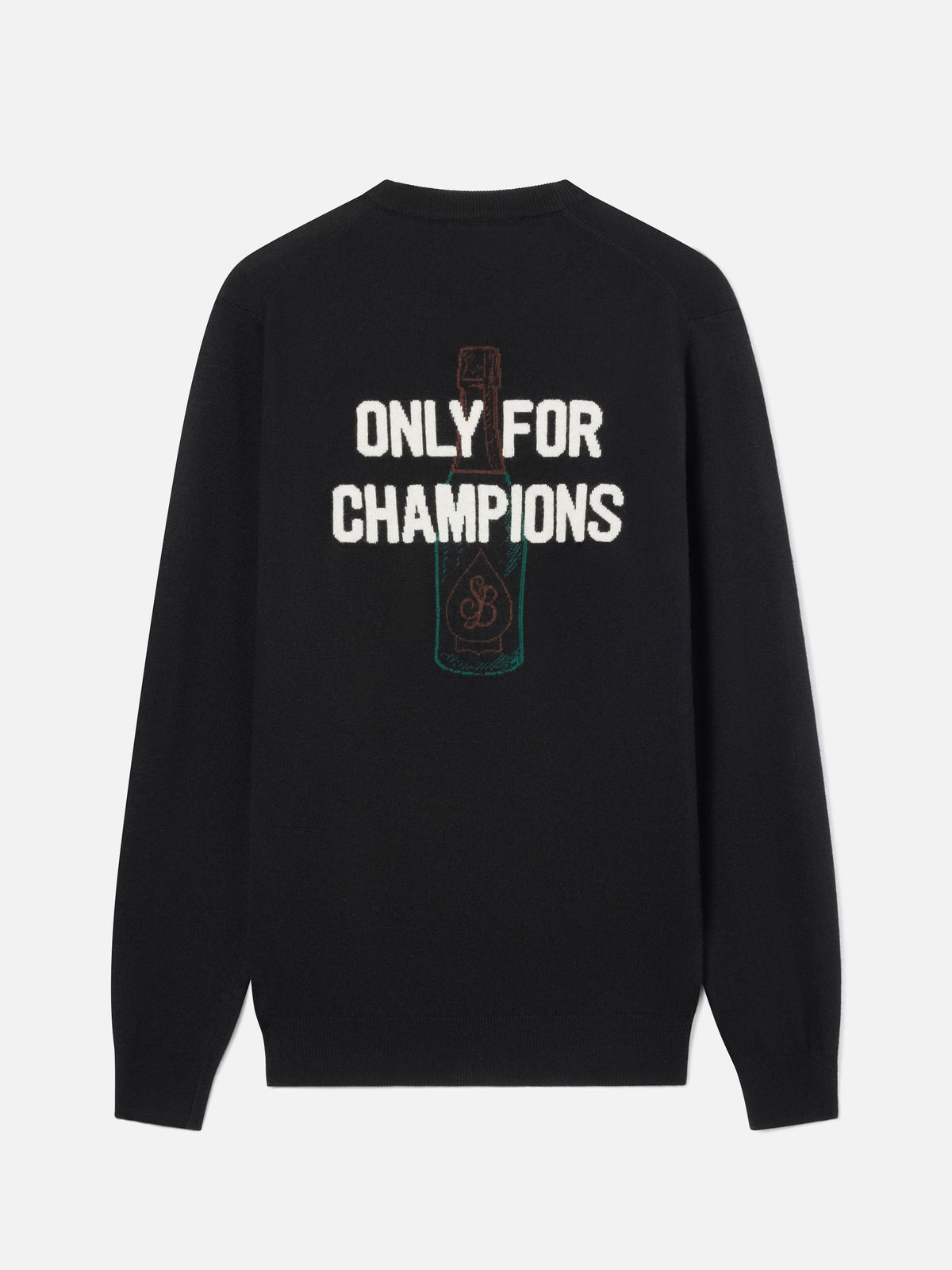 Schwarzer Rundhalspullover mit „Only For Champions“-Intarsie und Stickerei auf der Rückseite 