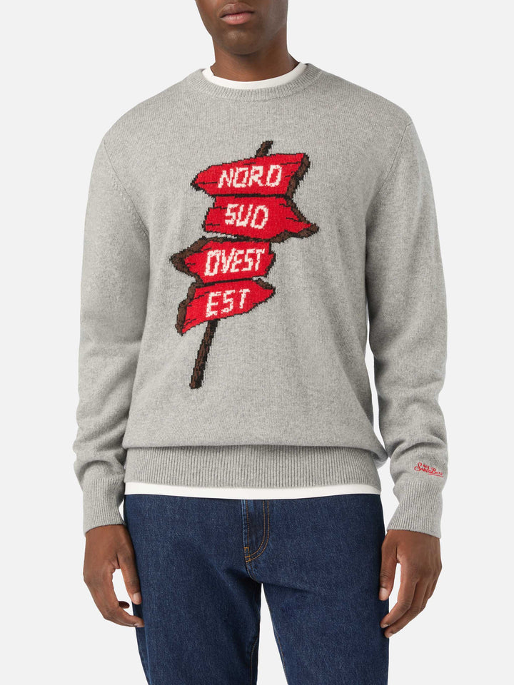 Grey Heron crewneck knit with Nord Sud Ovest Est intarsia | Special edition