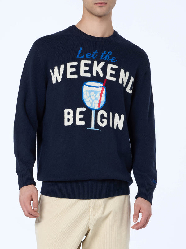 Blauer Herrenpullover Heron mit Weekend Begin-Print