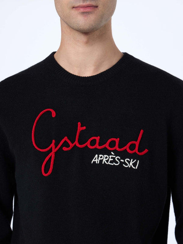 Man black sweater Heron with Gstaad Apres ski embroidery