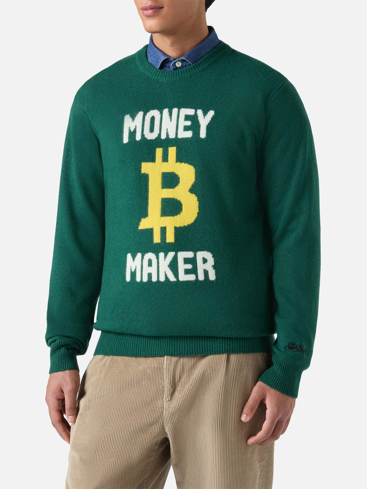 Green crewneck Heron with Money maker jacquard