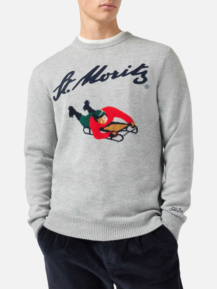 Heron sweater in grey with St. Moritz jacquard and patch | ST. MORITZ TOP OF THE WORLD SPECIAL EDITION