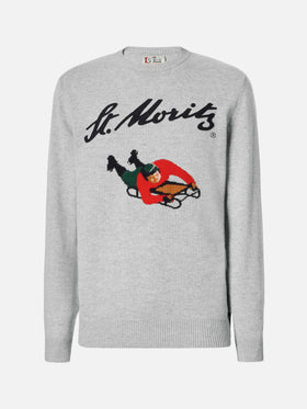 Heron crewneck in grey with St. Moritz jacquard and patch | ST. MORITZ TOP OF THE WORLD SPECIAL EDITION