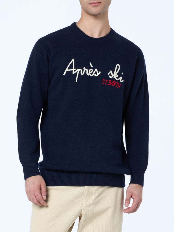 Man blue sweater Heron with St. Barth apres ski embroidery