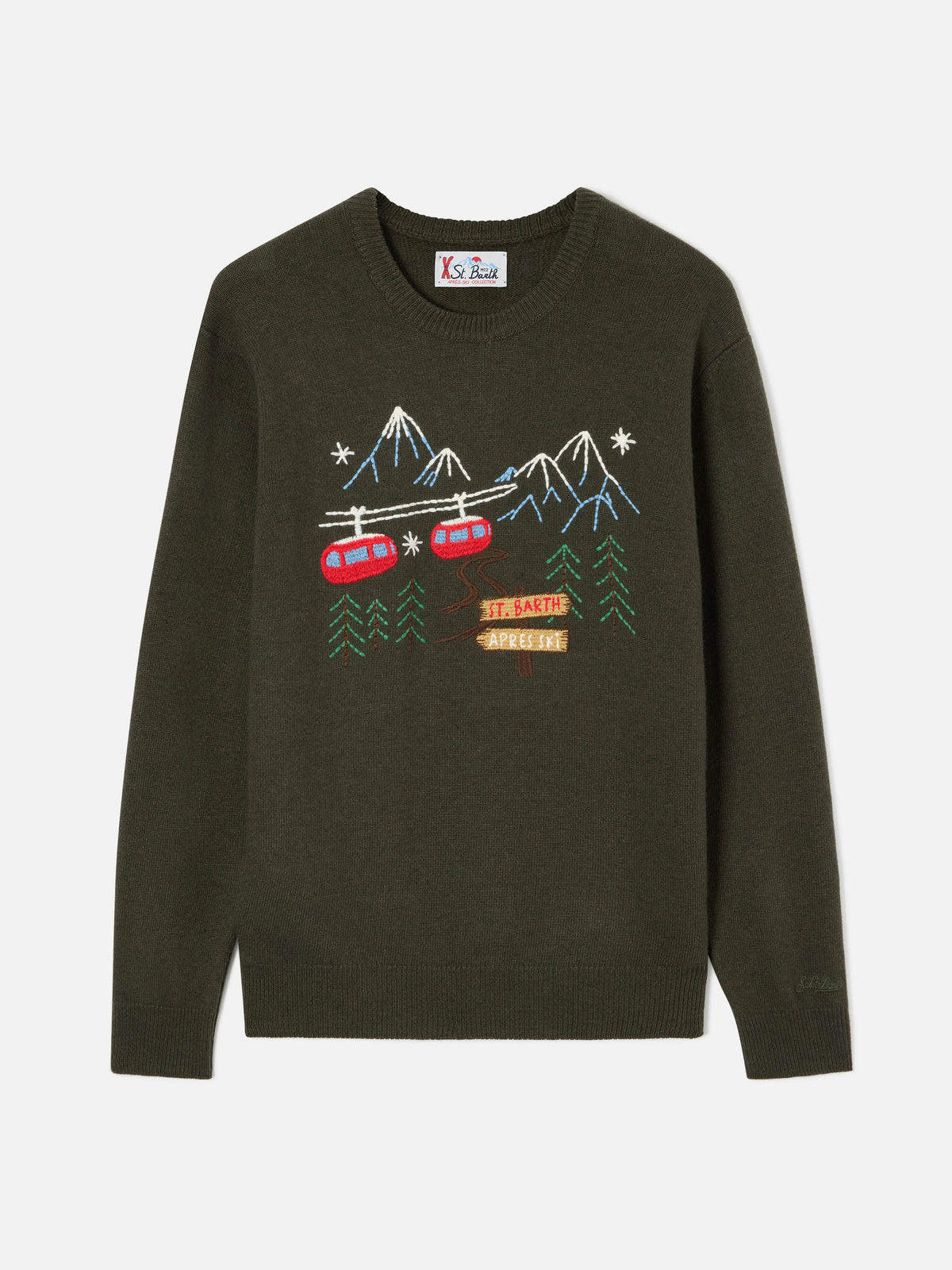 Military green Heron crewneck knit with mountain embroidery