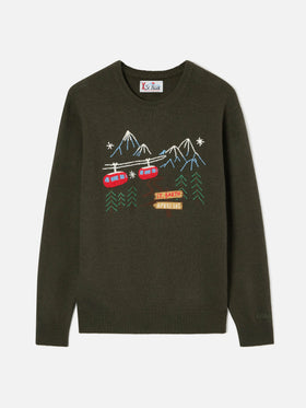 Military green Heron crewneck knit with mountain embroidery