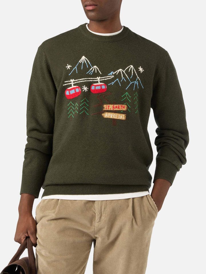Pull col rond Heron vert militaire avec broderie montagne 