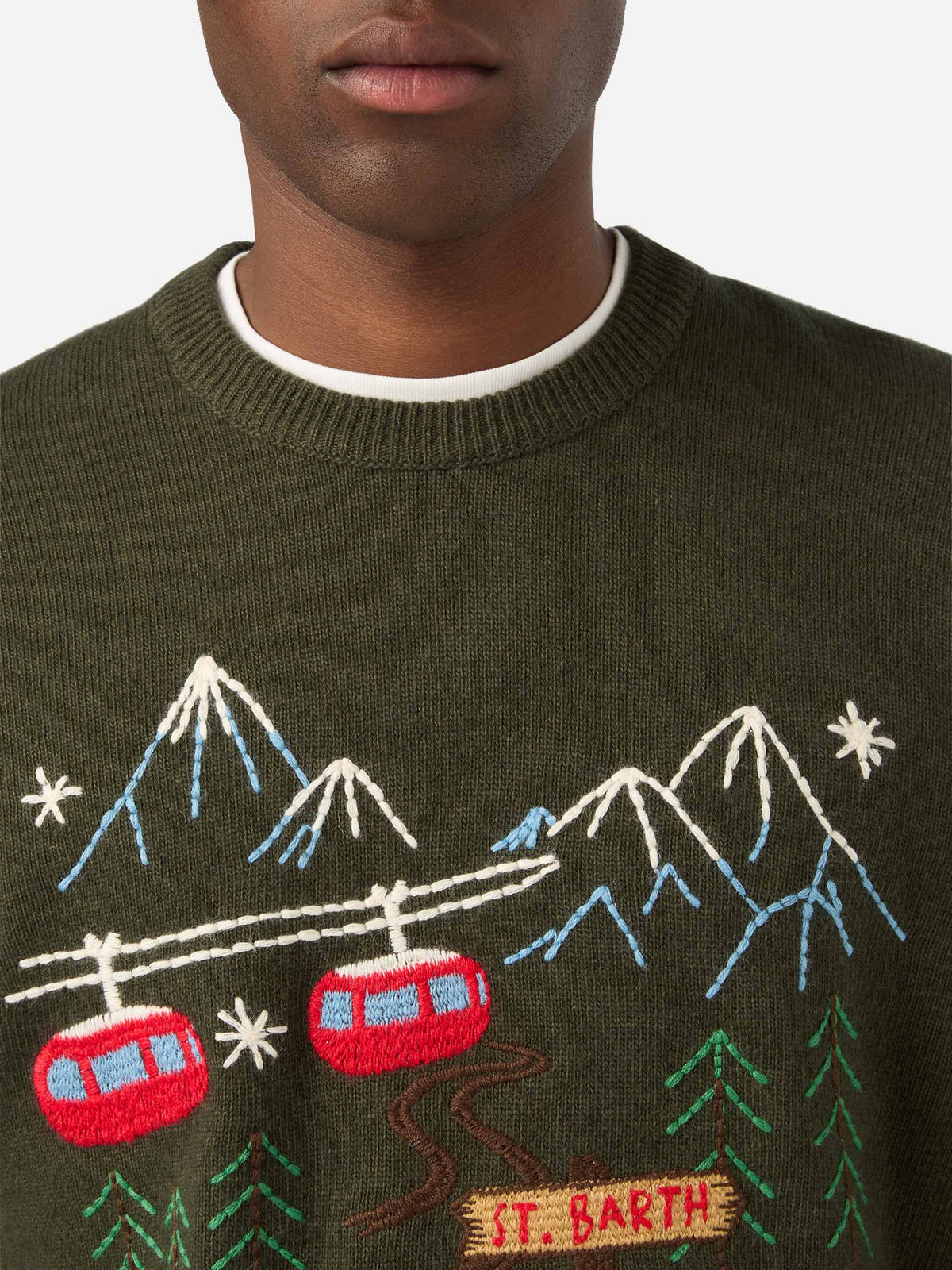 Pull col rond Heron vert militaire avec broderie montagne 