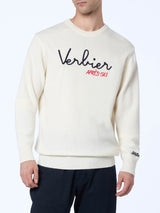 Man white sweater Heron with Verbier apres ski embroidery