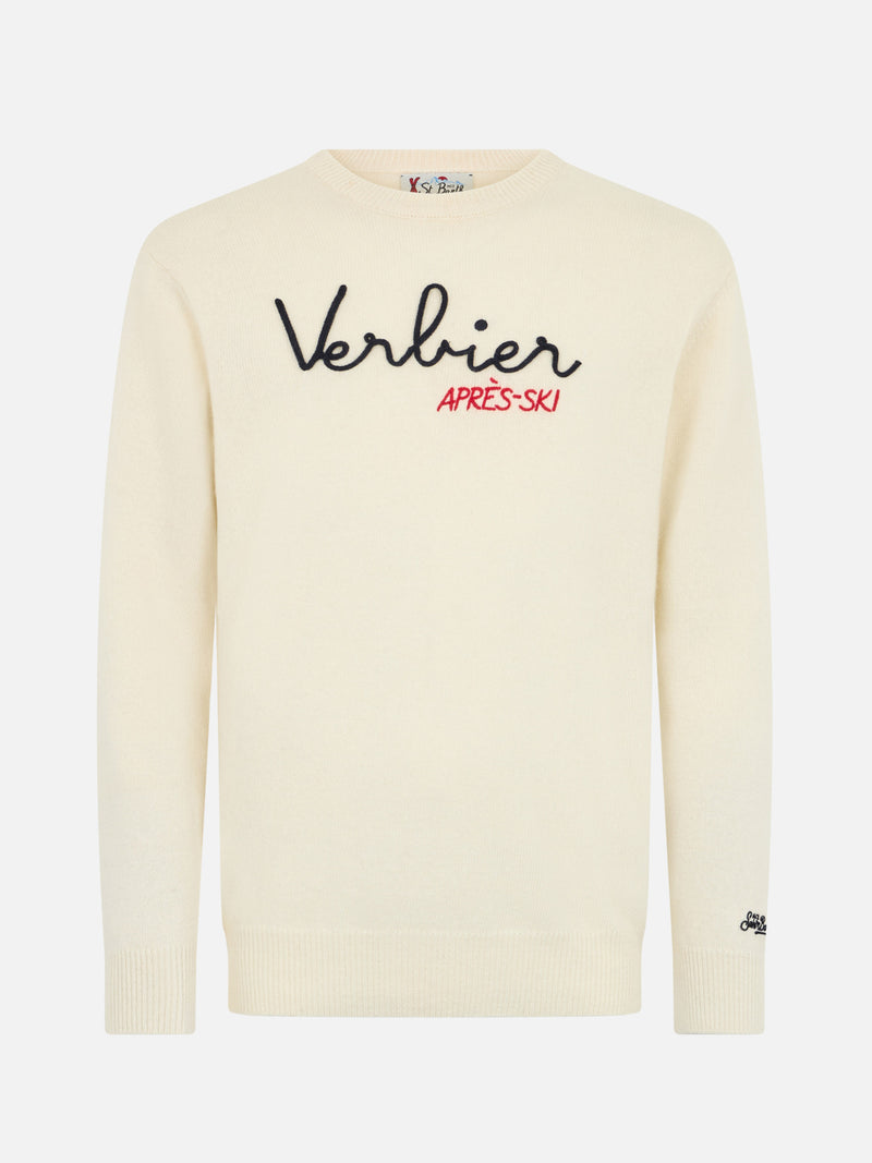 Man white sweater Heron with Verbier apres ski embroidery