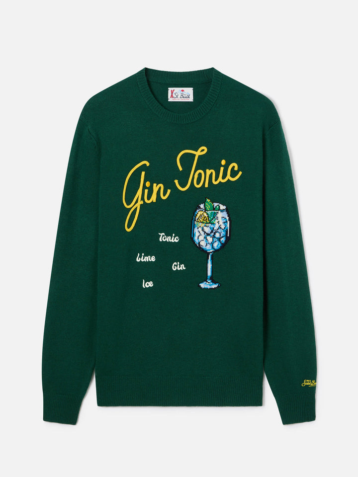 Crewneck-Strickpullover Green Heron mit Gin Tonic-Intarsie und Stickerei 