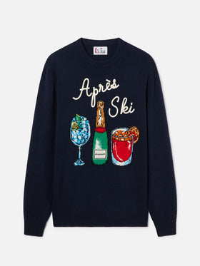 Navy blue Heron crewneck knit with Après Ski intarsia and embroidery
