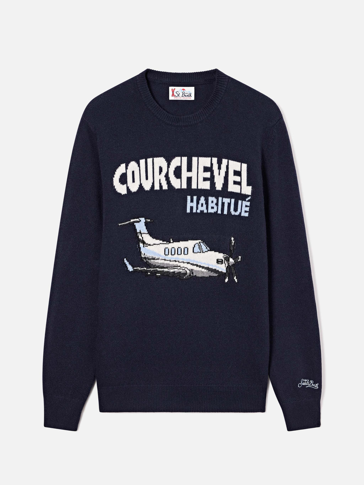 Marineblauer blue Rundhalsstrick mit Courchevel Habitué Intarsie in Heron-Optik 