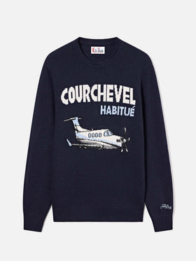 Marineblauer blue Rundhalsstrick mit Courchevel Habitué Intarsie in Heron-Optik 