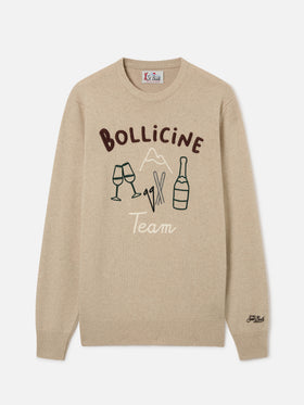 Beiger Rundhalspullover mit Heron-Motiv, Bollicine Team Intarsie und Stickerei 
