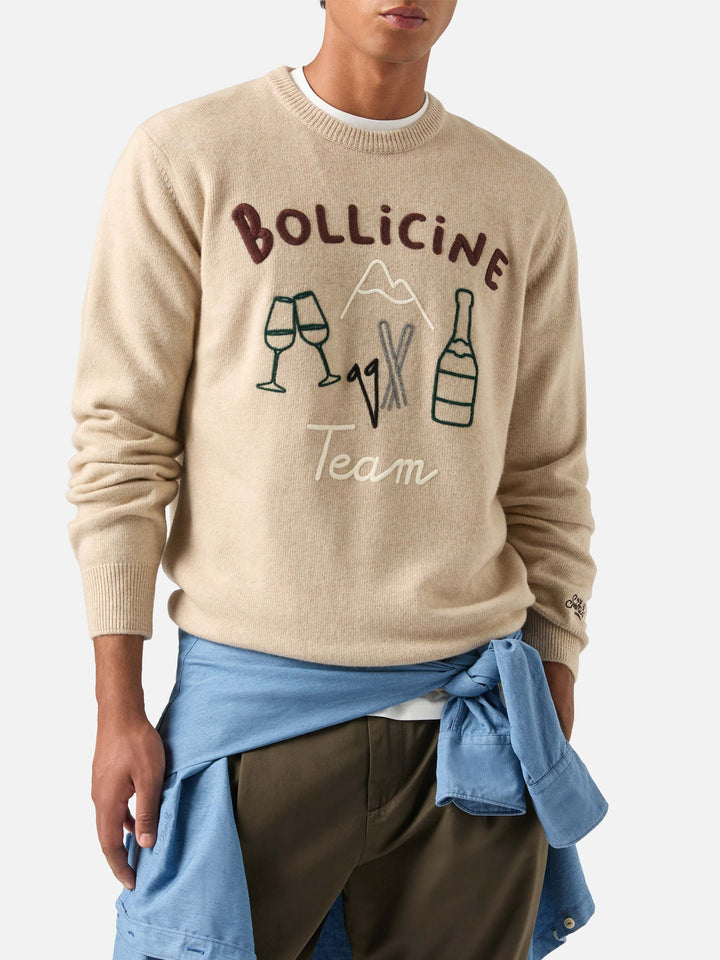 Maglia girocollo Heron beige con ricamo e intarsio Bollicine Team