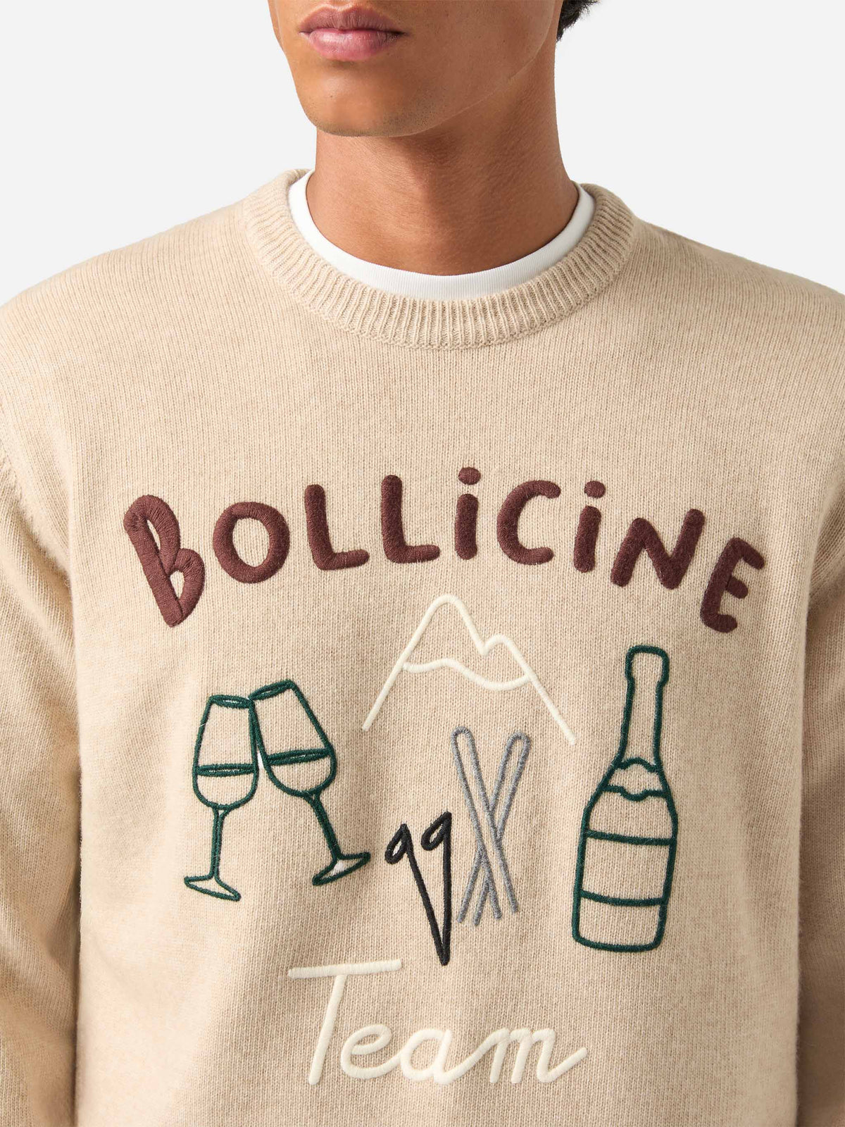 Maglia girocollo Heron beige con ricamo e intarsio Bollicine Team