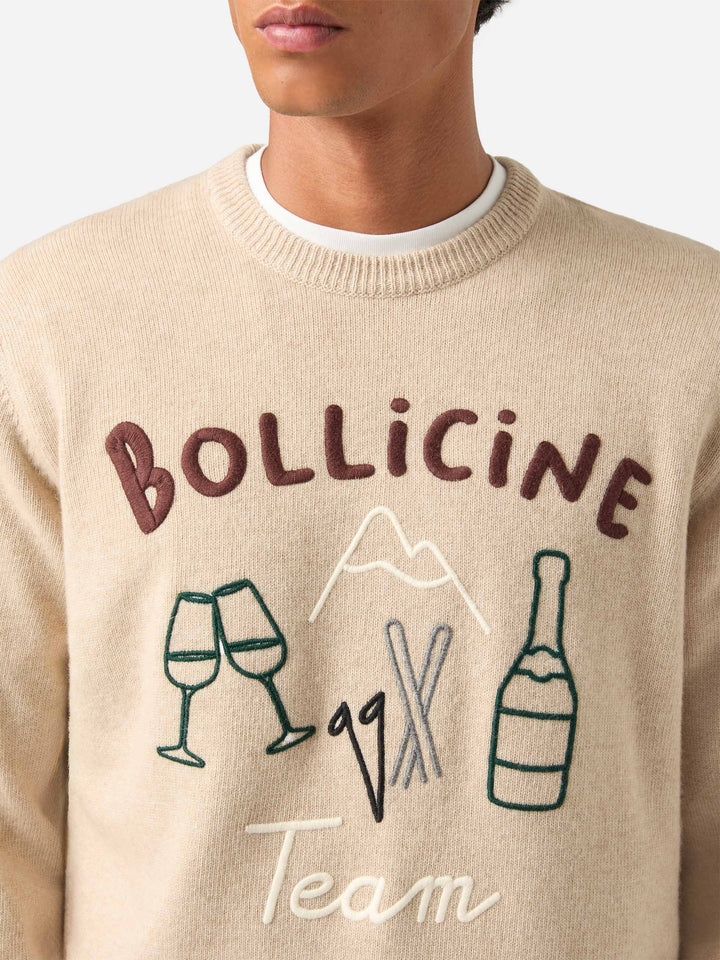 Maglia girocollo Heron beige con ricamo e intarsio Bollicine Team