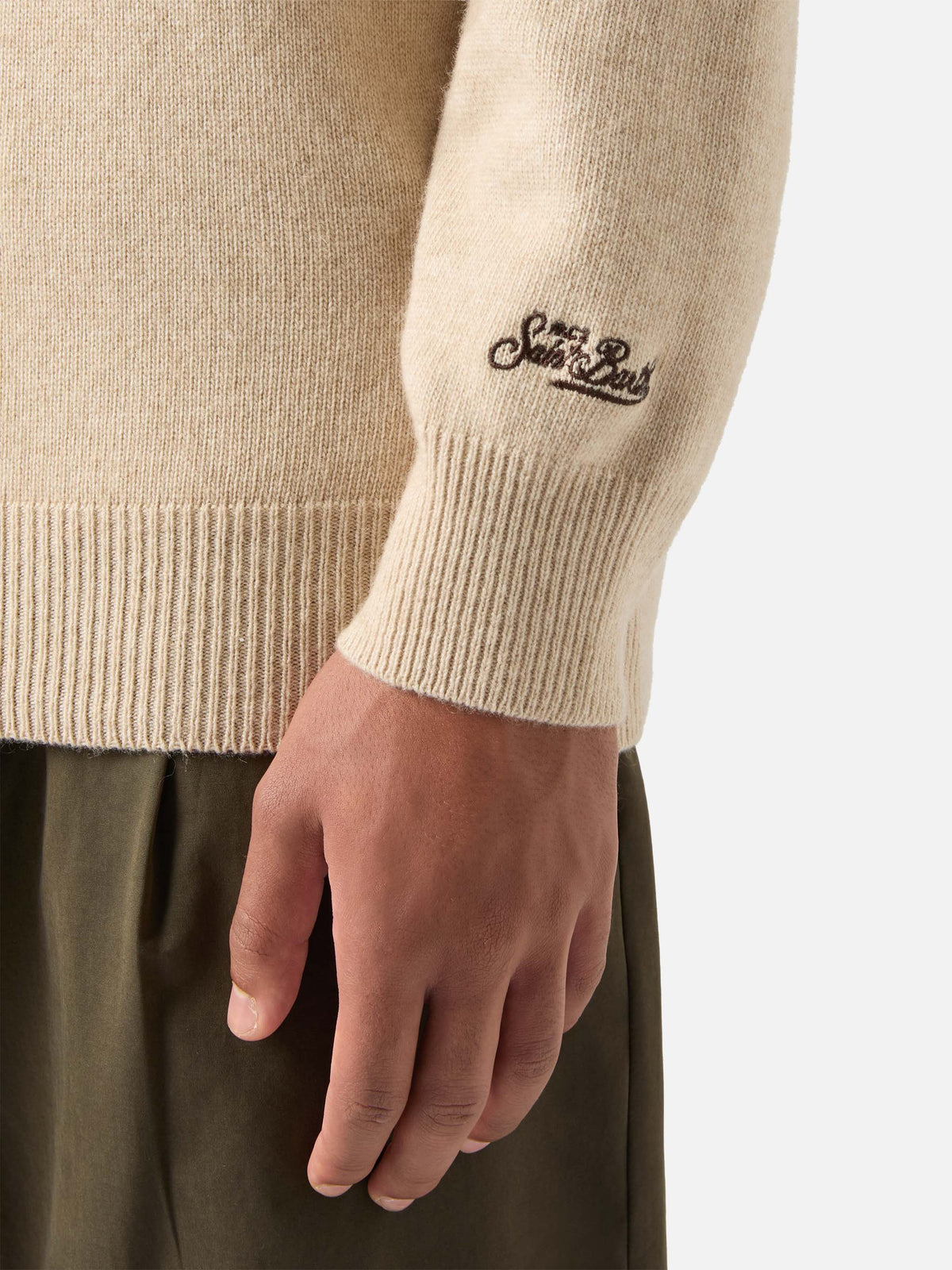 Maglia girocollo Heron beige con ricamo e intarsio Bollicine Team