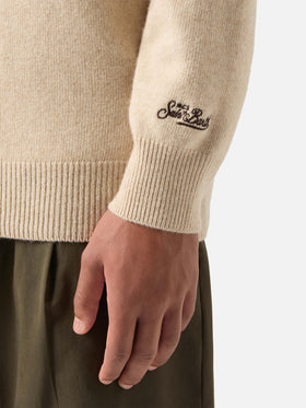 Maglia girocollo Heron beige con ricamo e intarsio Bollicine Team