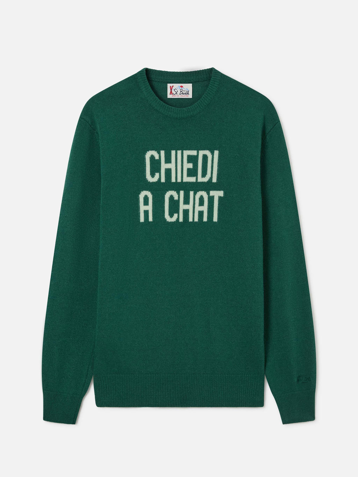 Crewneck-Strickpullover Green Heron mit Chiedi A Chat-Intarsie 