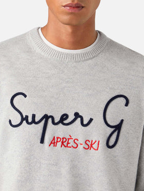 Light grey melange Heron crewneck sweater with Super G embroidery