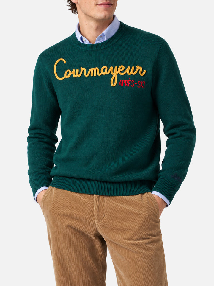 Maglia girocollo Heron verde scuro con ricamo Courmayeur Après Ski