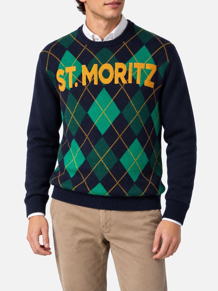 Navy blue Heron crewneck sweater with argyle jacquard
