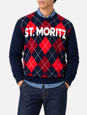 Maglione Heron rosso e blu con motivo argyle e jacquard St. Moritz