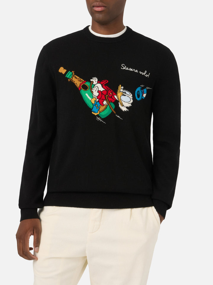 Schwarzer Light Rundhalspullover mit Scrooge McDuck Intarsie und Stickerei | Special edition 