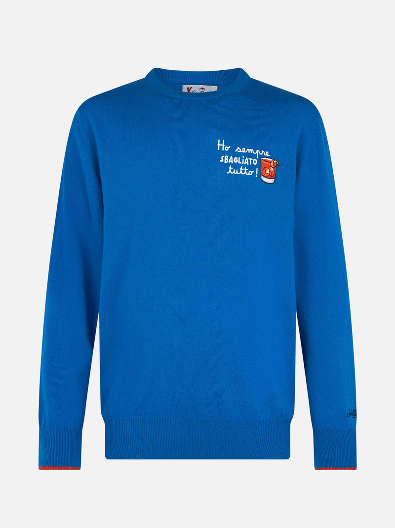 Man ski blue sweater Heron with Ho sempre sbagliato tutto embroidery