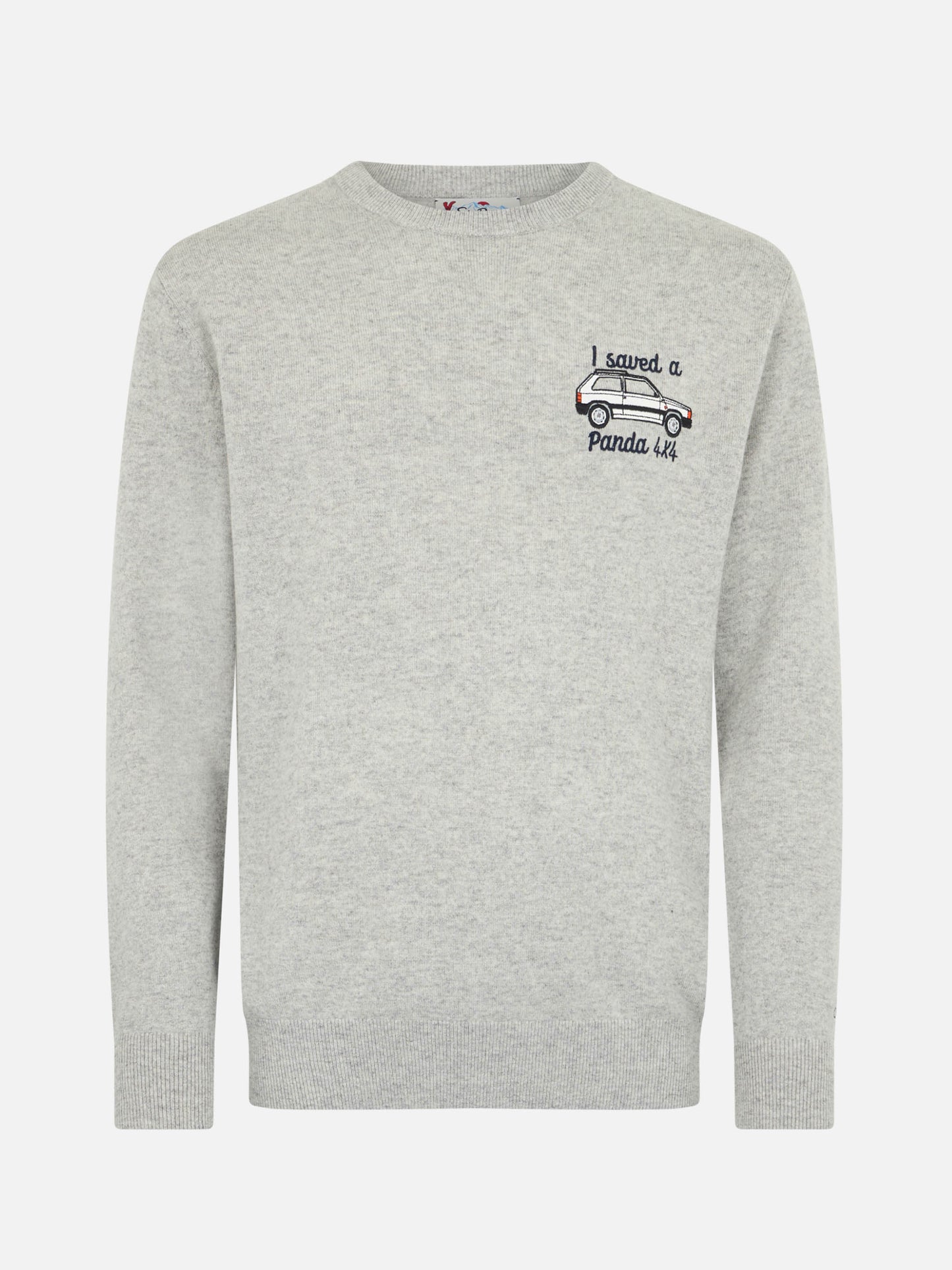 Grauer Herrenpullover Heron mit „I saved a Panda 4x4“-Stickerei | FIAT PANDA SPECIAL EDITION