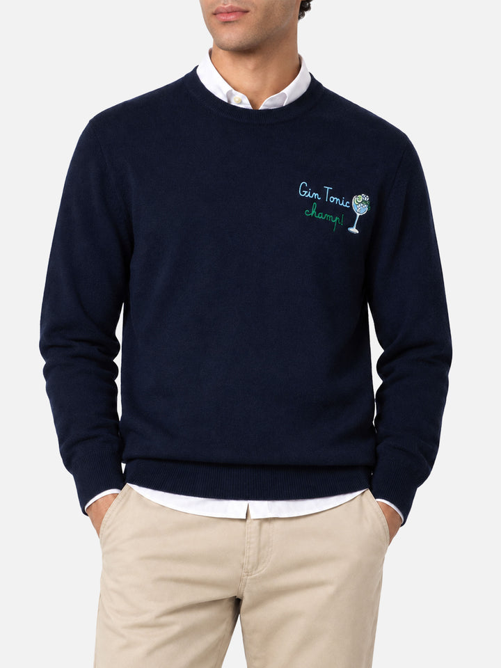 Navy blue Heron Light crewneck sweater with Gin tonic champ embroidery