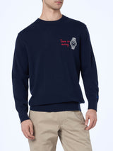 Man nevy blue sweater Heron with Time is money embroidery