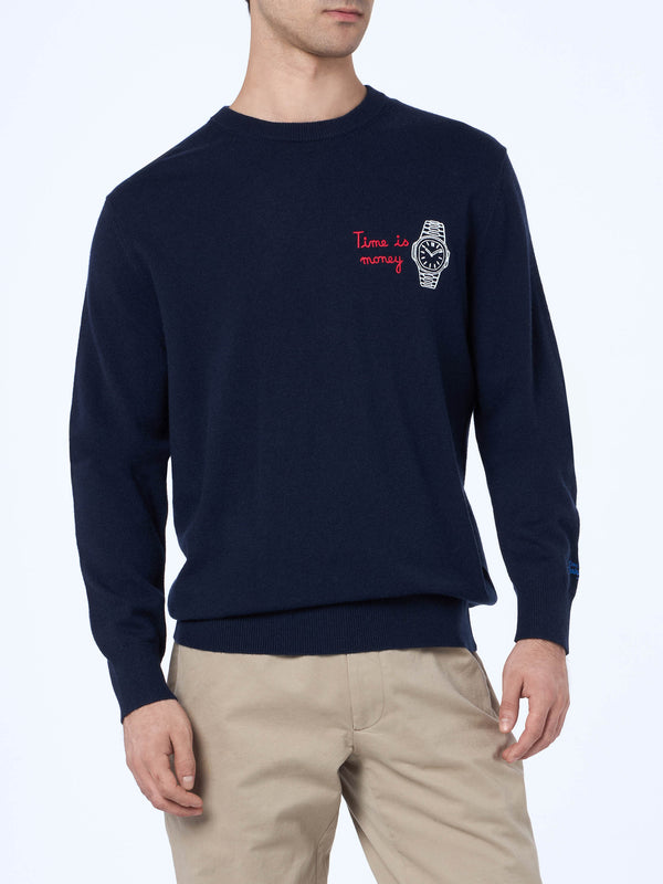 Man nevy blue sweater Heron with Time is money embroidery