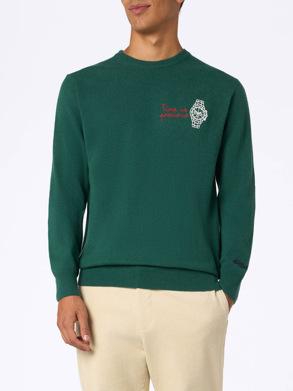 Man green sweater Heron with Money time embroidery