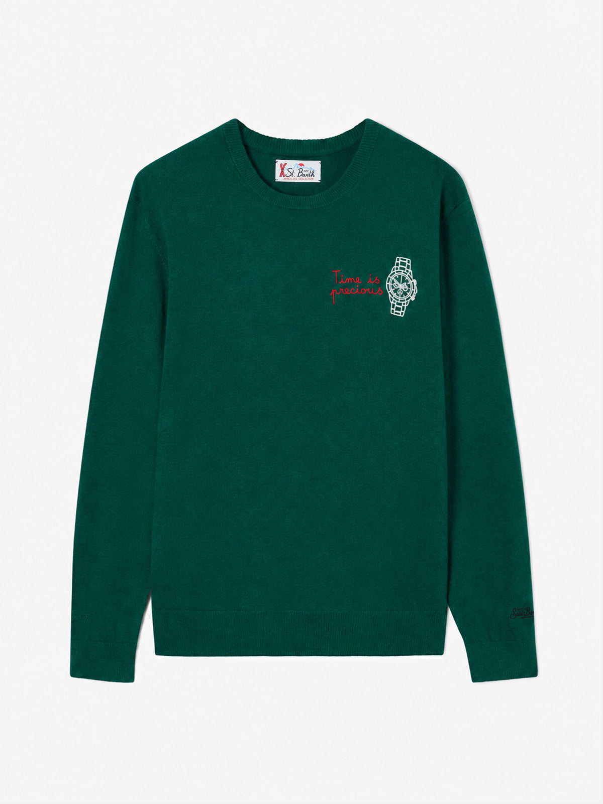 Dark green Heron Light crewneck sweater with Time is precious embroidery
