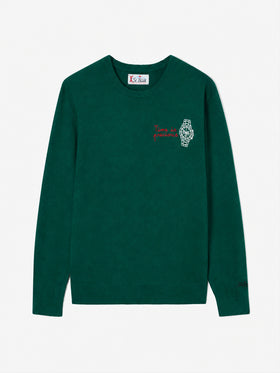 Dark green Heron Light crewneck sweater with Time is precious embroidery