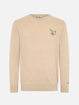 Man beige sweater Heron with Out of office embroidery