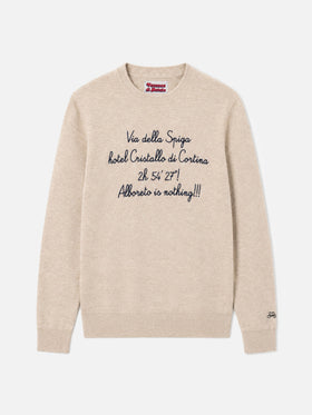 Beige Heron Light crewneck sweater with Via della Spiga embroidery | Special edition