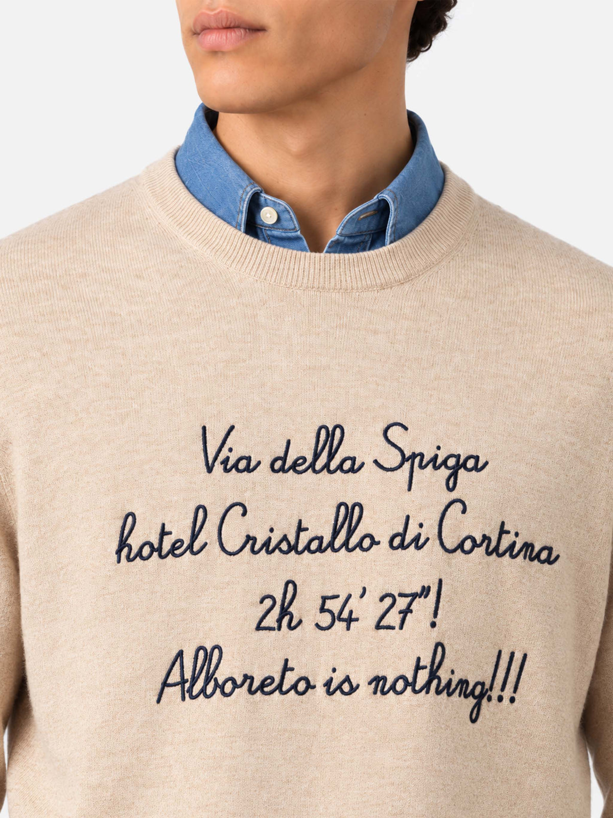 Beige Heron Light crewneck sweater with Via della Spiga embroidery | Special edition