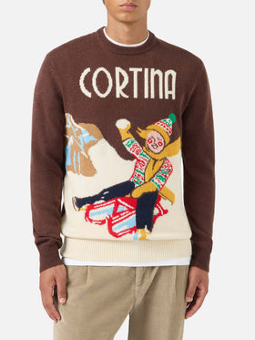 Crewneck sweater with Cortina postcard jacquard
